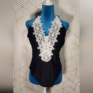Womens black floral lace bodysuit onesie bathing suit (SIZE Xl)